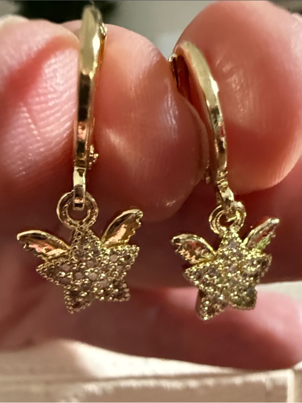 Gold Tone Pave Starflower Dangle Earrings - Huggie-style